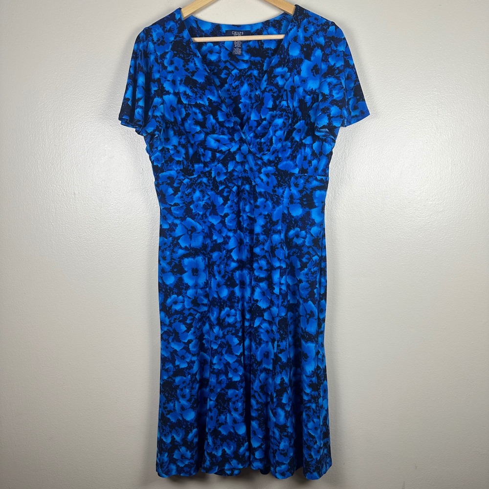 Chaps Women's Large Dress Blue Floral Faux Wrap V-Neck Short Sleeve Stretch